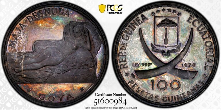 Read more about the article PR63CAM 1970 Equatorial Guinea 100 Pesetas Silver Proof  PCGS Trueview- Toned