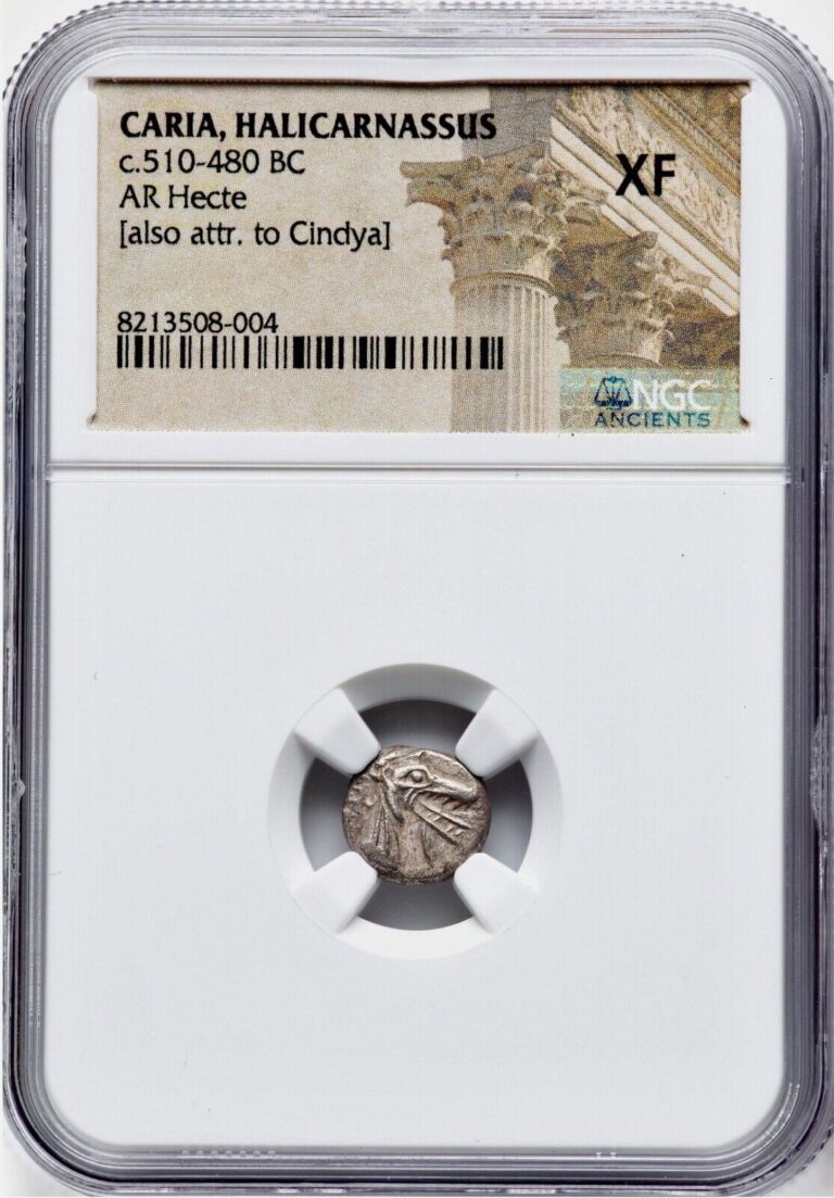 Read more about the article PQ Ancient Greek Silver Coin 510-480 BC CARIA Halicarnassus Ketos Hecte NGC XF