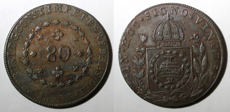 Read more about the article BRAZIL Pedro I Copper 1828 B 80 Reis Nice Brown Bahia Mint 40 mm KM# 366.2 (451)