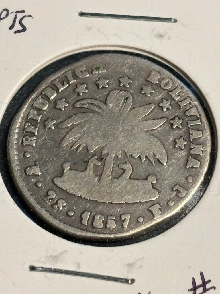 Read more about the article BOLIVIA 1857PTS FJ  2 SOLES  FINE  KM121.2  0.667 SILVER. FREE USA SHIPPING
