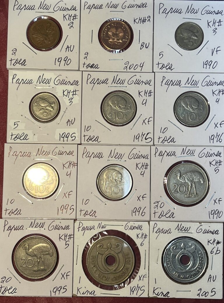 Read more about the article Papua New Guinea 1975 – 2005 Two 2  5  10 and 20 Toea and 1 Kina VF – BU 12 Coin Lot