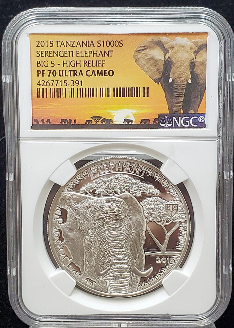 Read more about the article 2015 Tanzania Serengeti Elephant-High Relief 1oz .999 Fine Silver-NGC PF 70 UCAM