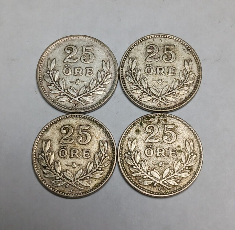 Read more about the article Set of Sweden 25 Ore Silver Coins – 1937-1940 Dates – KM#785 – 4x Coins