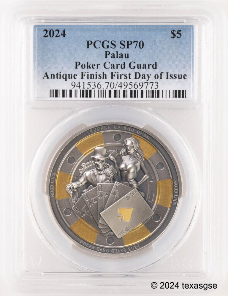 Read more about the article 2024 Palau 1oz $5 Silver Poker Card Guard Antiqued Gilded Coin PCGS SP70 FDI