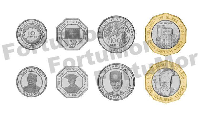 Read more about the article Sierra Leone Set Of 4 Coins  10 50 100 500 Leones 1996 2004  UNC  Bimetal