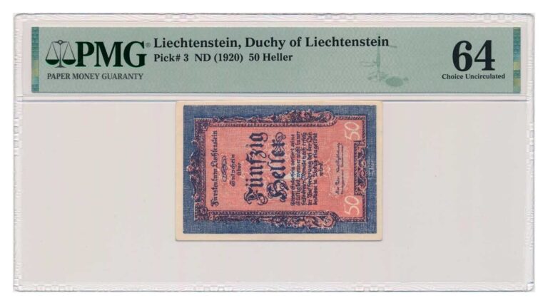 Read more about the article LIECHTENSTEIN banknote 50 Heller 1920 PMG MS 64 Choice Uncirculated