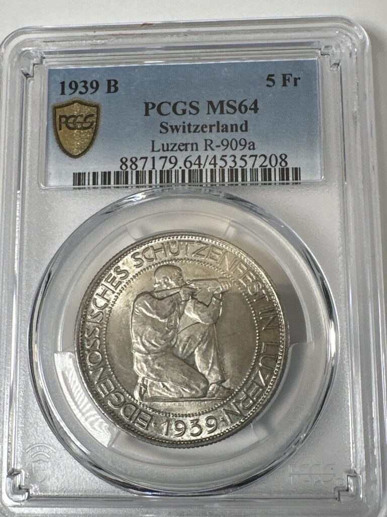 Read more about the article Silver 1939-B Switzerland 5 Francs Luzern PCGS MS64 R-909a Shooting Festival