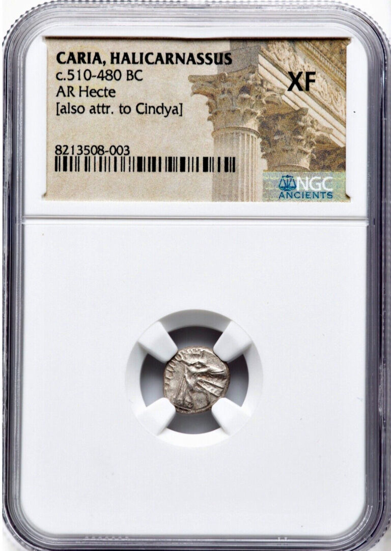Read more about the article PQ Ancient Greek Silver Coin 510-480 BC CARIA Halicarnassus Ketos Hecte NGC XF