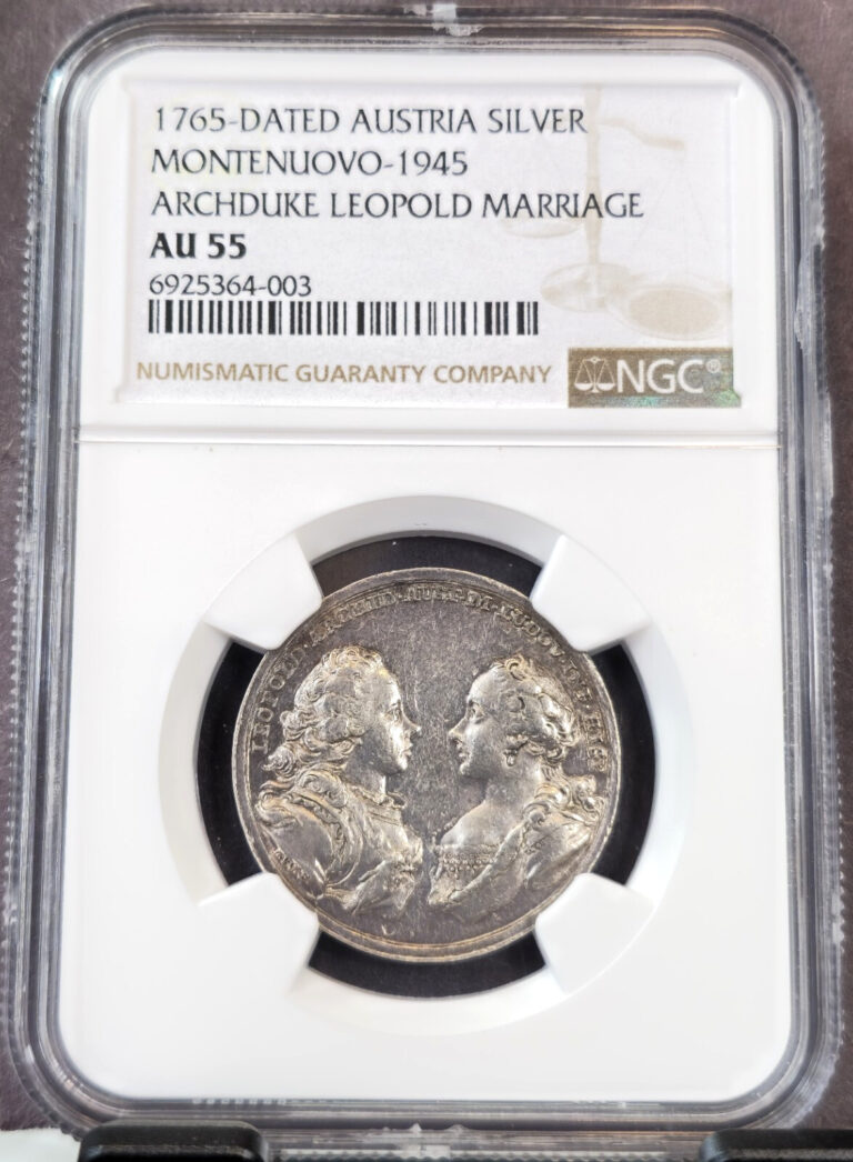 Read more about the article 1765 AUSTRIA SILVER MEDAL ARCHDUKE LEOPOLD MARRIAGE NGC AU 55 RARE TOP POP 1