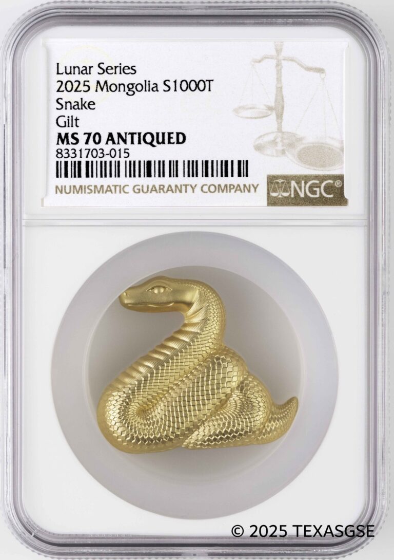 Read more about the article 2025 Lunar Year Mongolia 1000T Nimble Gilded Snake 1oz Silver NGC MS70