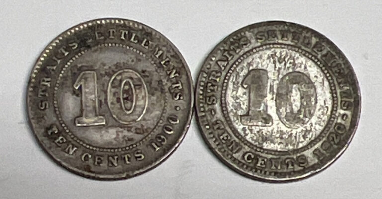 Read more about the article 1900 + 1920 Straits Settlements (Malaysia) 10 Cents Silver coins British Colony