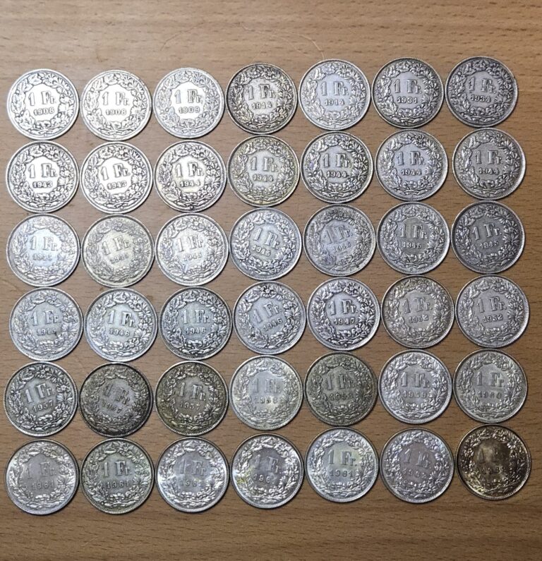 Read more about the article Lot Of Silver Swiss Francs 1908 – 1963 / 42x .835 Coins From Switzerland
