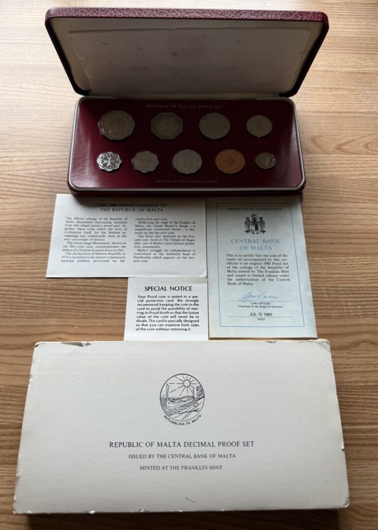 Read more about the article 1980 Republic of Malta 9 Coin Decimal Proof Set w/ Box and COA – Franklin Mint