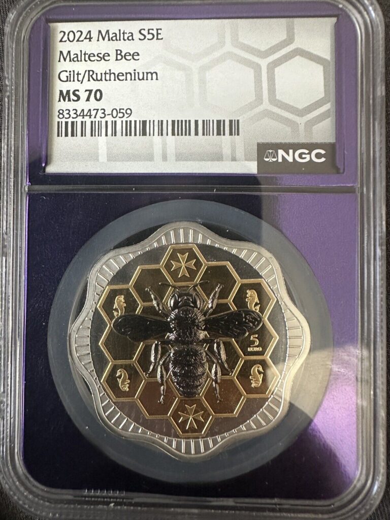 Read more about the article 2024 Malta Maltese Bee Gilt Ruthenium MS 70 SILVER ROUND Ngc Purple Slab W/ COA