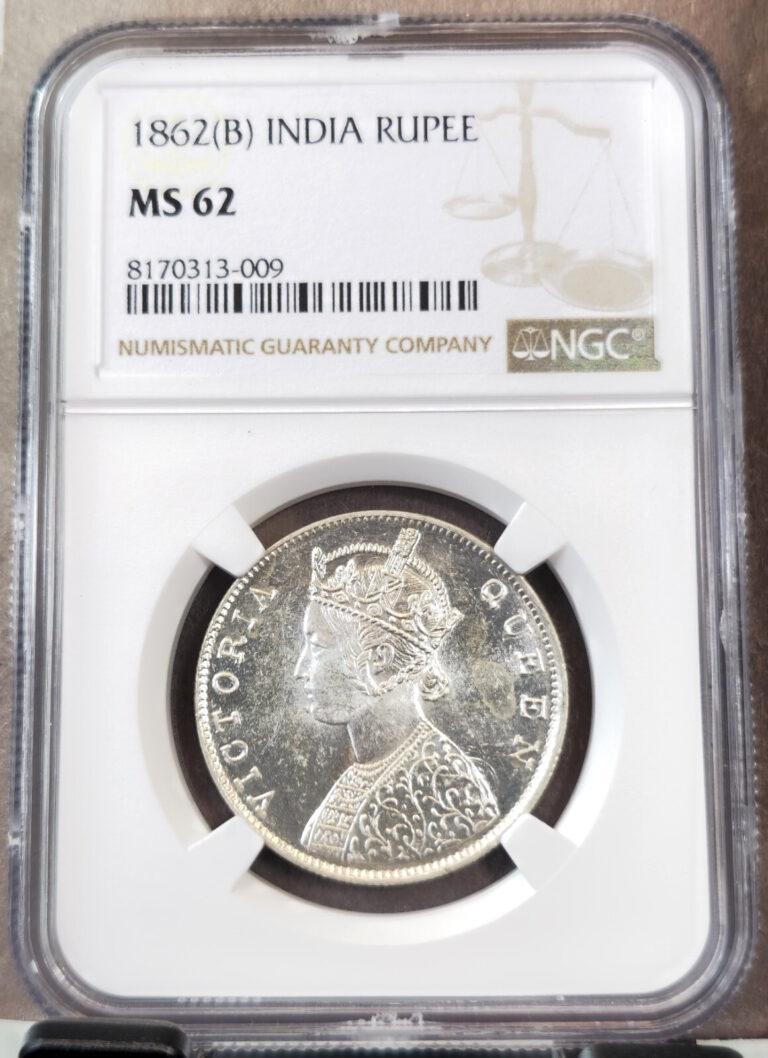 Read more about the article 1862 INDIA SILVER 1 RUPEE QUEEN VICTORIA MS 62 SCARCE GREAT LUSTER