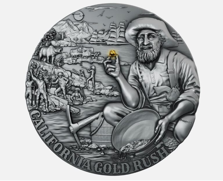 Read more about the article 2025 Liberia California Gold Rush 2oz Silver High Relief Coin 0.002g Gold Insert