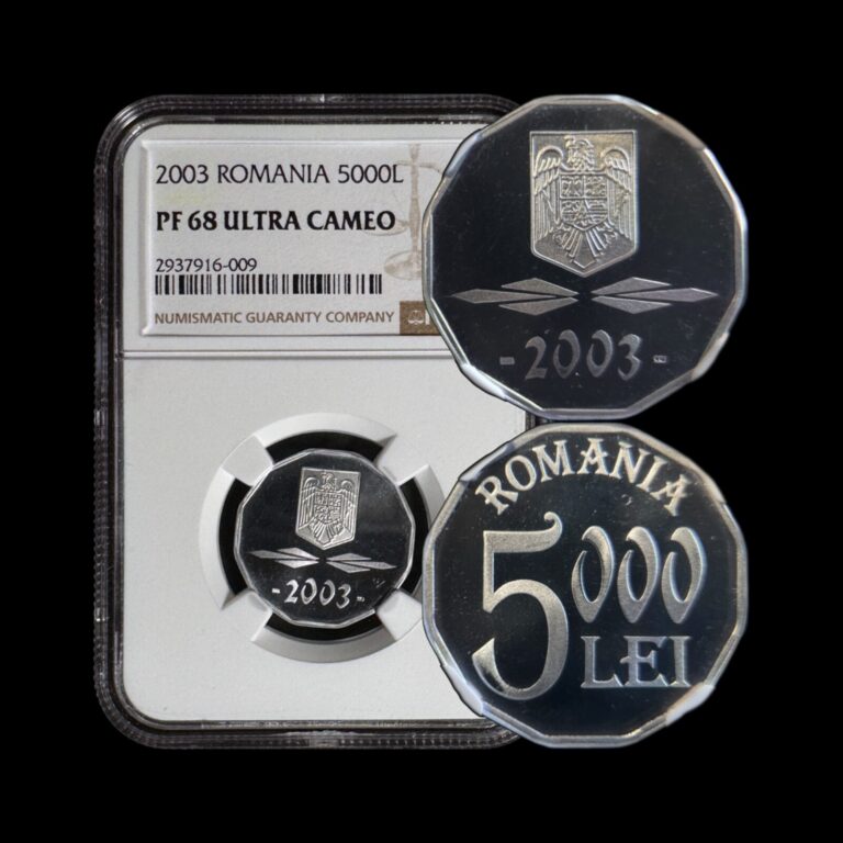 Read more about the article ROMANIA. 2003  5000 Lei – NGC PF68 – Top Pop 🥇 Crowned Eagle  Sprig Shield RARE