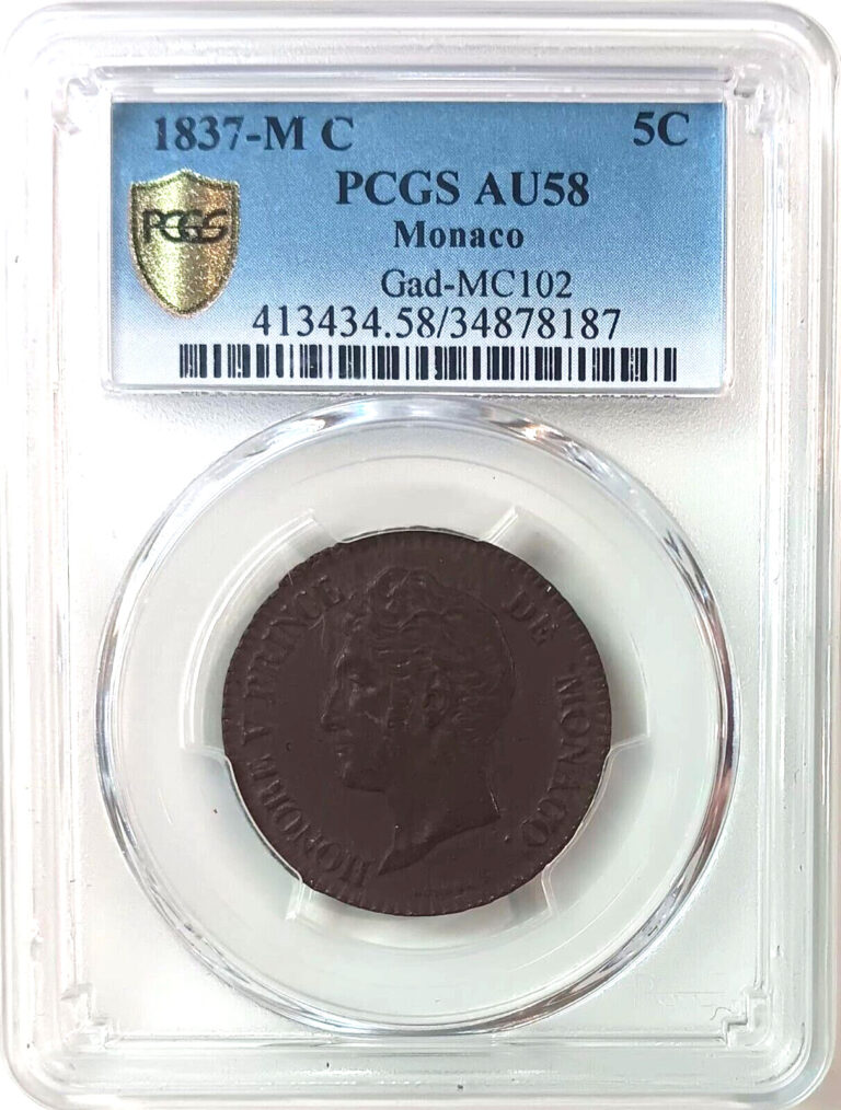 Read more about the article 1837-M C Monaco Copper 5 Cinq Centimes 5c PCGS AU58 Gad-MC102 About Uncirculated