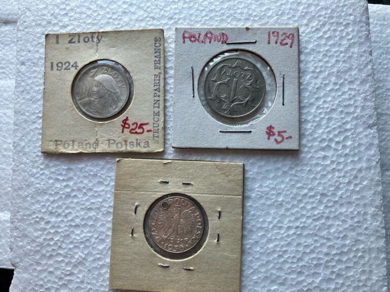 Read more about the article 3 Poland  Coins 1 Zloty 1924  1929 and 2 Zloty 1936 With Added Coins