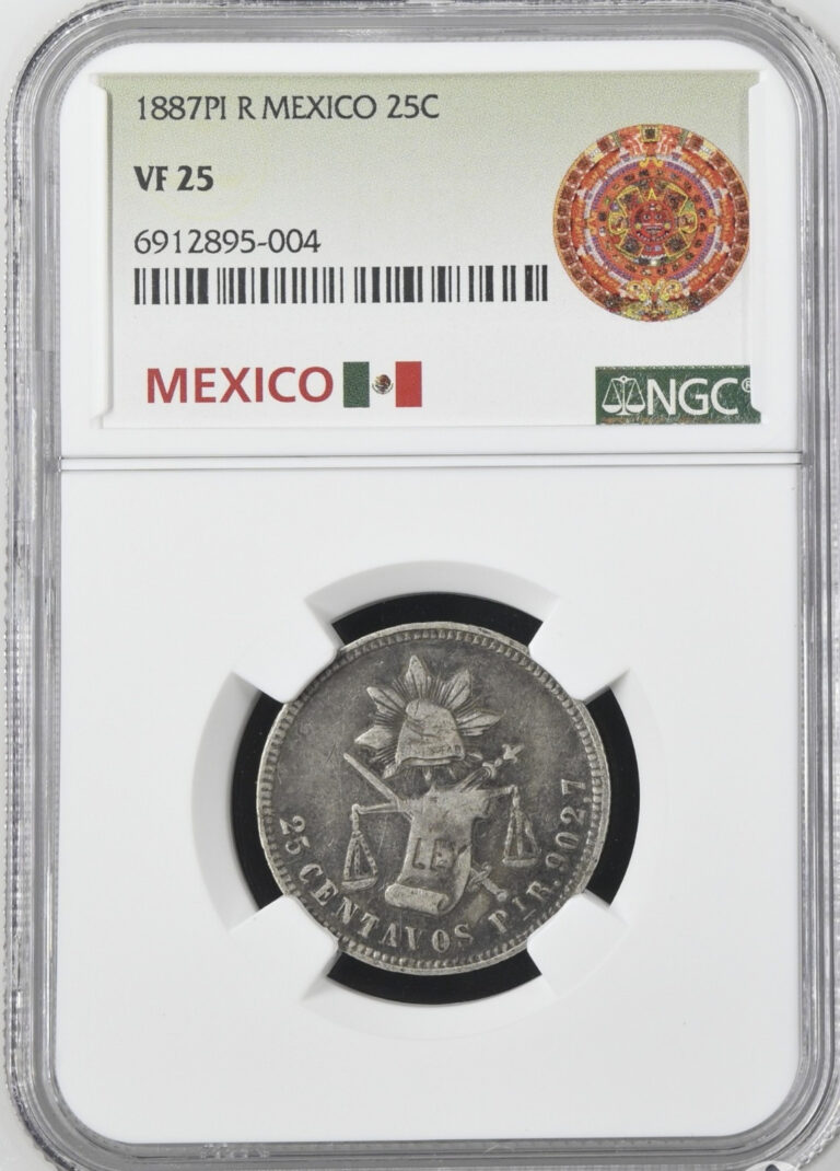 Read more about the article 1887 PiR MEXICO SILVER 25 CENTAVOS NGC VF 25 POP 1/2