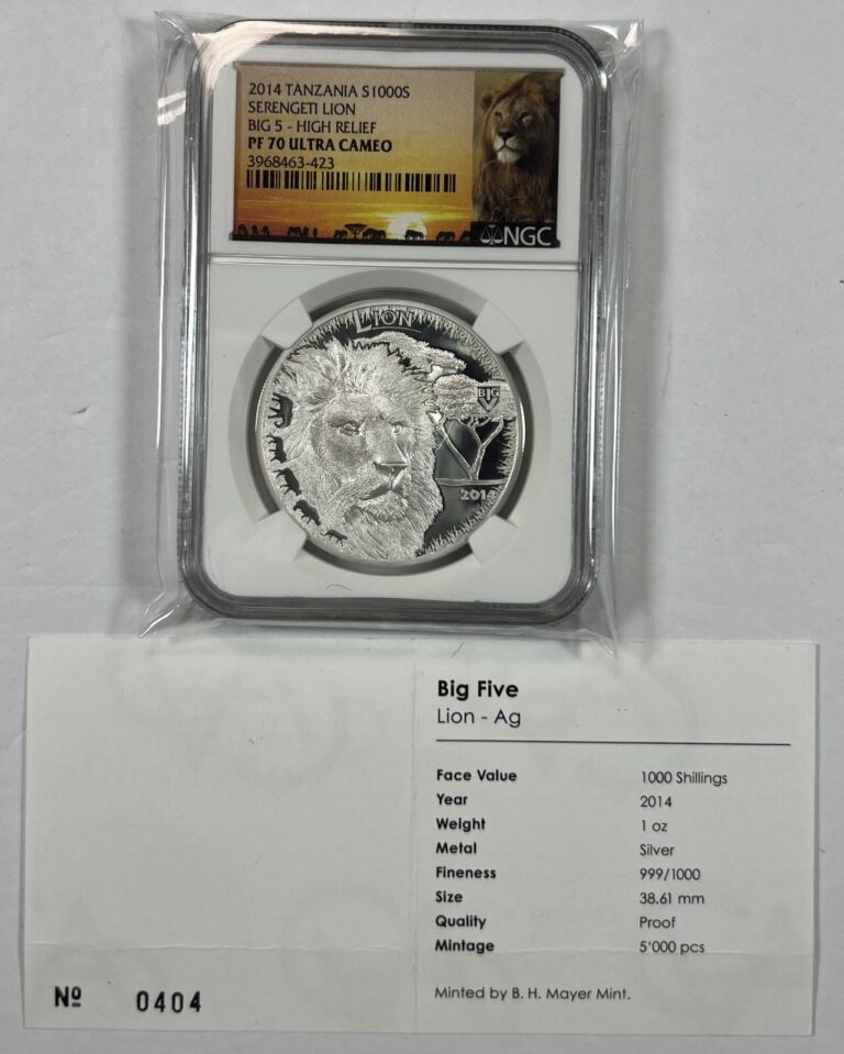 Read more about the article 2014 Tanzania 1 oz Silver Big 5 High Relief Lion NGC PF70 UC with COA