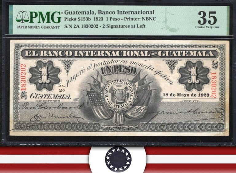 Read more about the article 1923 1 PESO BANCO INTERNACIONAL GUATEMALA BANKNOTE PMG 35 PICK S153b 30202
