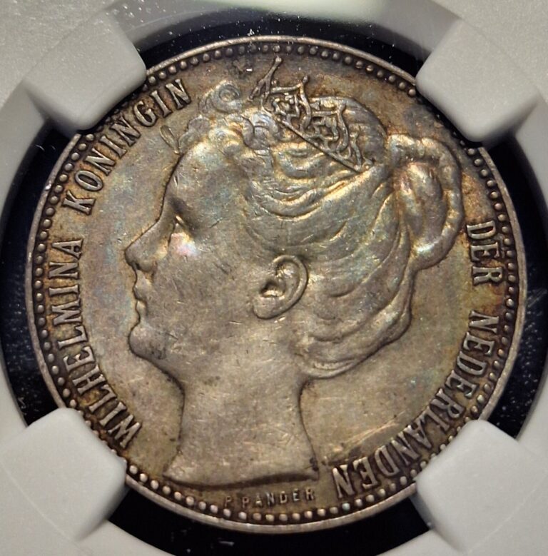 Read more about the article 1908 Netherlands 1 Gulden Silver Coin – Wilhelmina – NGC AU Details