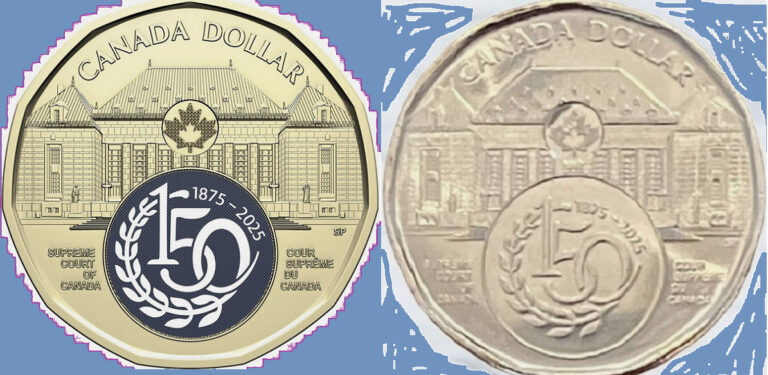 Read more about the article Set of 2025 Canada Supreme Court Anniv Col + NCol Loonie Dollar Mint UNC $1 Coin