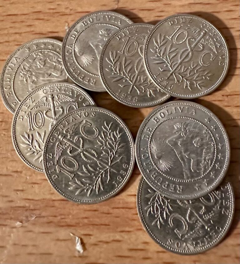 Read more about the article A lot of 8  pieces consisting of 1936 Bolivia AU 10 centavos