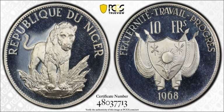 Read more about the article ** PCGS ** 1968 ** 10 francs ** NIGER ** SILVER CROWN *** PROOF ** PF66 DC ** p2