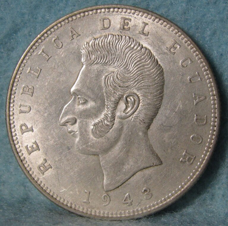 Read more about the article 1943 Mo Ecuador 5 Sucres Large Size World Silver Coin / Crown High Grade #596