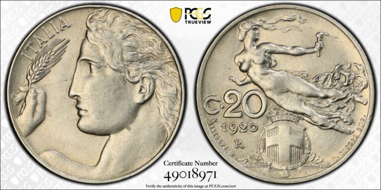 Read more about the article 1920-R ITALY 20 CENTESIMI. PCGS MS62. Ex ALMER H. ORR III COLLECTION. MINT STATE