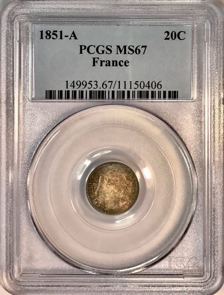 Read more about the article Top Pop Old French Silver Coin 1851-A Republic 20 Centimes Paris Mint PCGS MS67