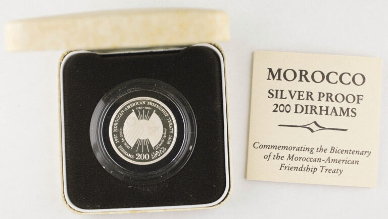 Read more about the article MOROCCO 1987 200 Dirhams Proof Silver Coin Y#81 Friendship Treaty +BOX and COA