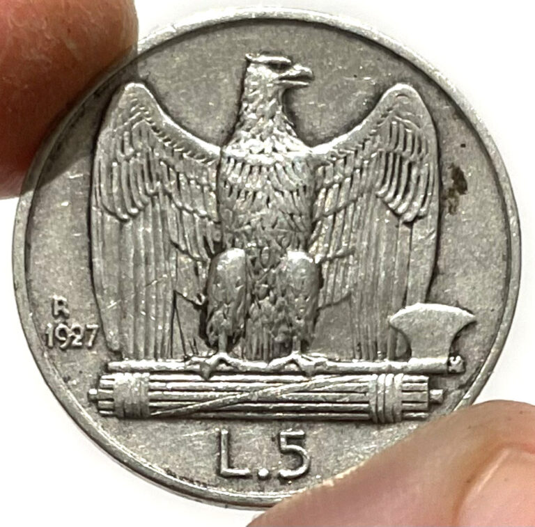 Read more about the article 1927 R Silver Italy 5 Lire Vittorio Emanuele III Coin Rome Mint