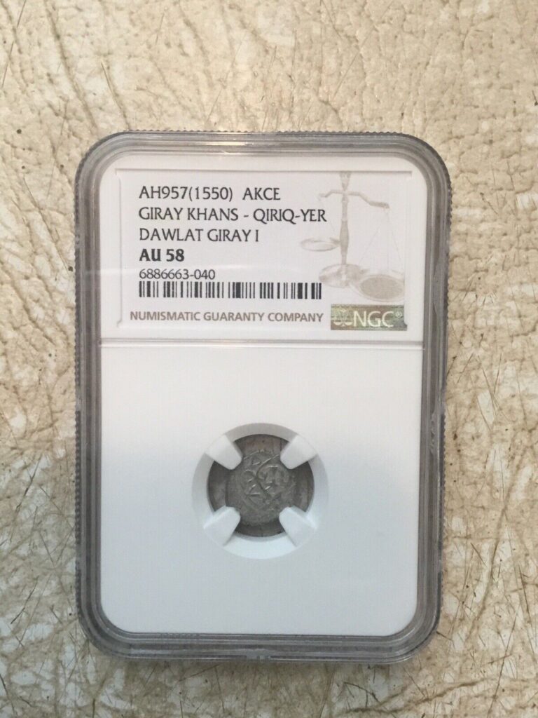 Read more about the article MONGOLIA Crimean Tater Dawlat Giray I 1550 Akce NGC AU58 2 SILVER  1/4# Coin Lot