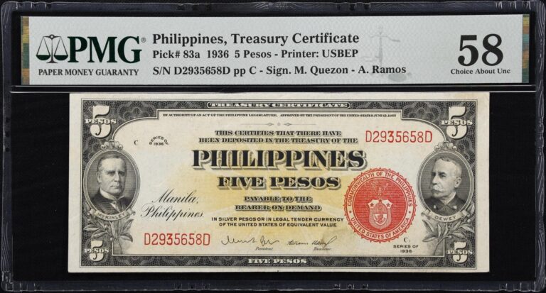 Read more about the article 1936 $5 Peso Philippines Treasury Certificate Printer : USBEP PMG 58 AU