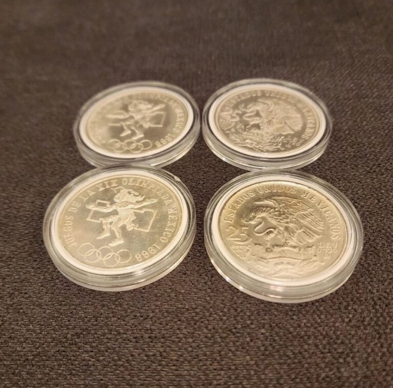 Read more about the article Silver 1968 Olympics Mexican 25 Pesos .720 FINE SILVER COIN X4