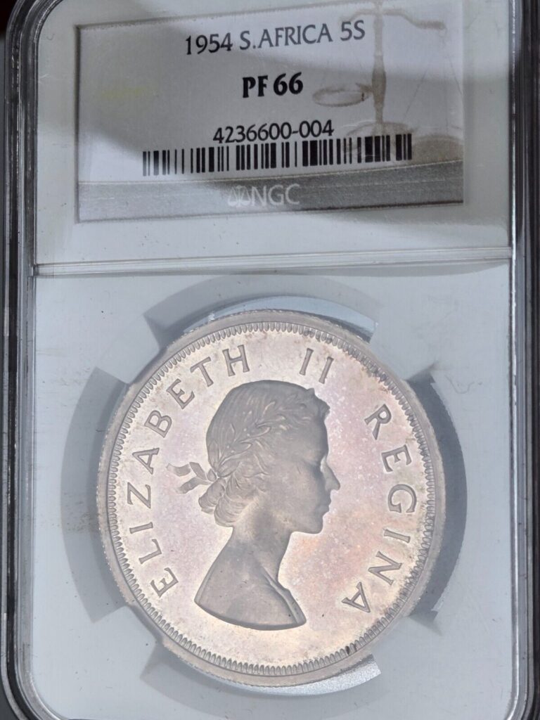 Read more about the article 1954  South  africa Silver 5 Shillings  NGC Proof 66 GEM   PQ “GEM PROOF”