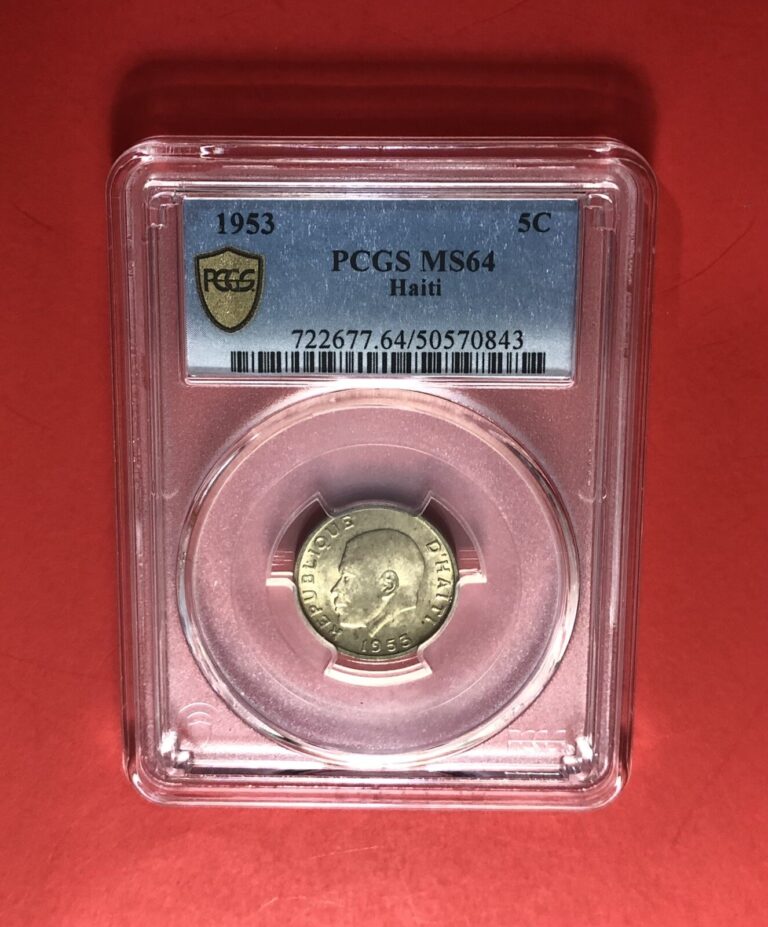 Read more about the article 1953-HAITI -UNCIRCULATED 5 CENTIMOS COIN GRAED BY PCGS MS64.