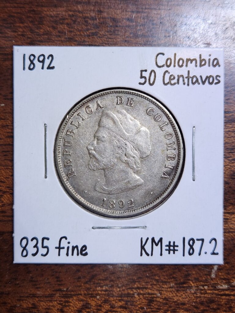 Read more about the article 1892 Colombia 50 Centavos  835 Silver  KM# 187.2