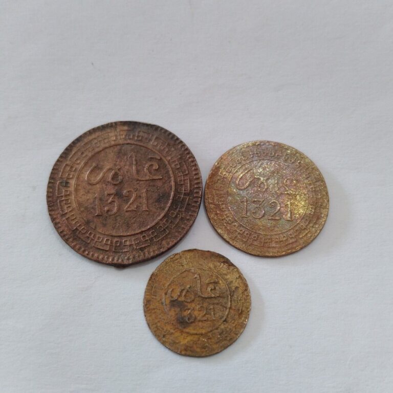 Read more about the article Rare lot Bronze Morocco 5 2 1 Mazunas Old Coin 1321 AH 1904 Abdelaziz