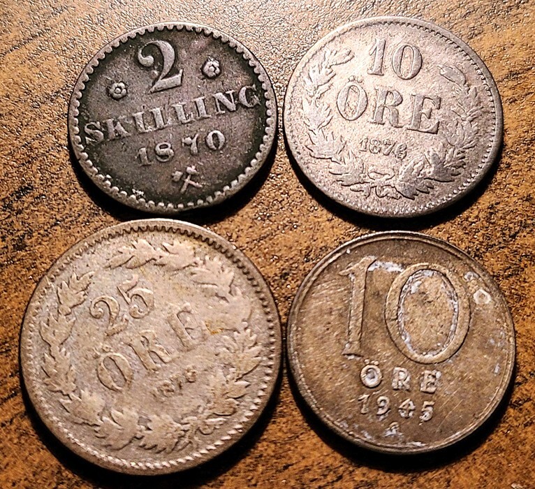 Read more about the article 1870-1876-1945 NORWAY SWEDEN LOT OF 4 SILVER COINS: 2 SKILLING + 10 ORE + 25 ORE