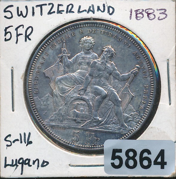 Read more about the article SWITZERLAND –  1883 – SILVER 5 FRANCS CROWN -AU -LUSTEROUS – #5864