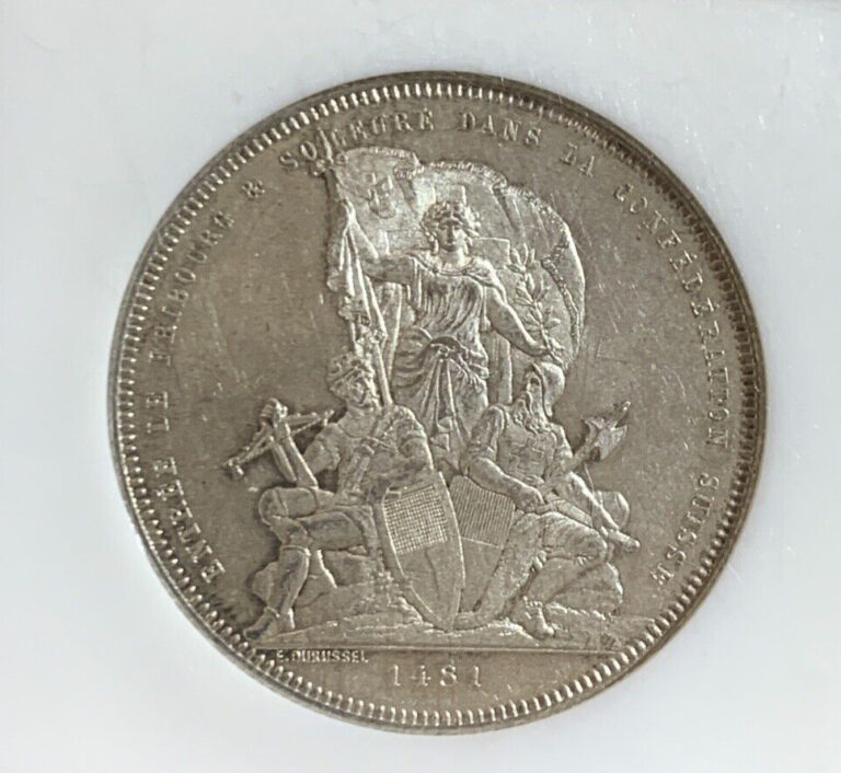 Read more about the article 1881 SWISS FRIBOURG SILVER COIN 5 FRANCS NGC MS61