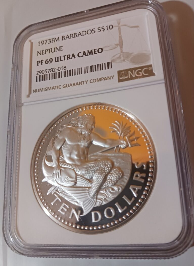Read more about the article HUGE HEAVY SILVER COIN! 1973 Barbados $10 Neptune. NGC PF69 ULTRA CAMEO!