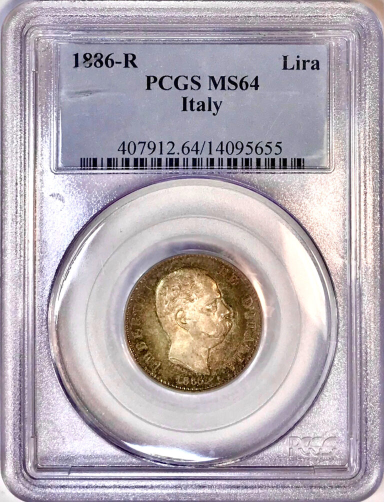 Read more about the article Top Pop Old Italian Silver Coin 1886-R Italy Umberto I Lira Rome Mint PCGS MS64