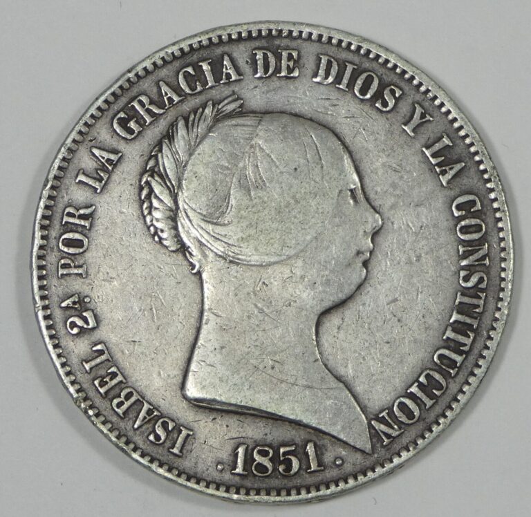 Read more about the article 1851 7 Pointed Star Mint Mark SPAIN Silver 20 Reales Coin VERY FINE