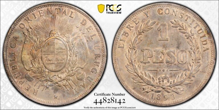 Read more about the article Uruguay 1893 SO 1 Peso Flagged Arms PCGS AU Graded Silver World Coin
