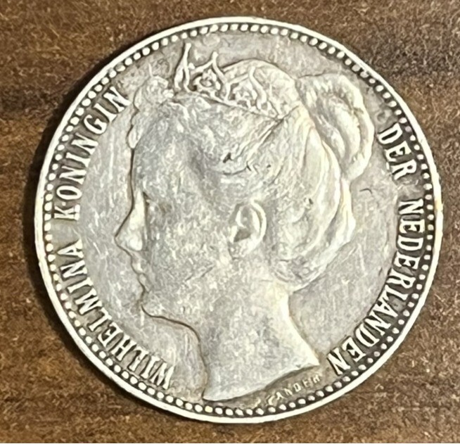 Read more about the article NETHERLANDS Kingdom 1 gulden 1908 F / VF Silver Wilhelmina KM# 122